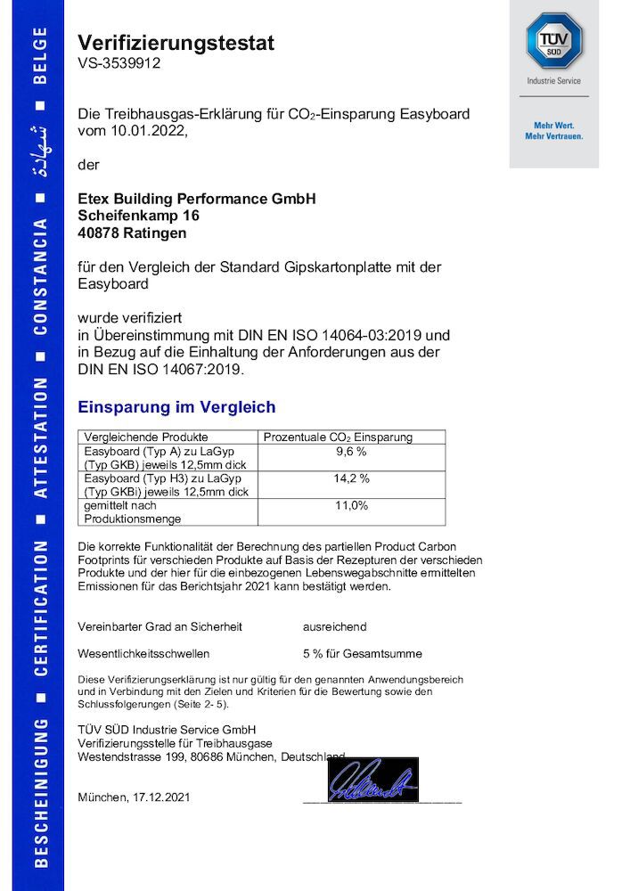 Verifizierungstestat über die Treibhausgas-Erklärung für die CO2-Einsparrung unserer Easyboard